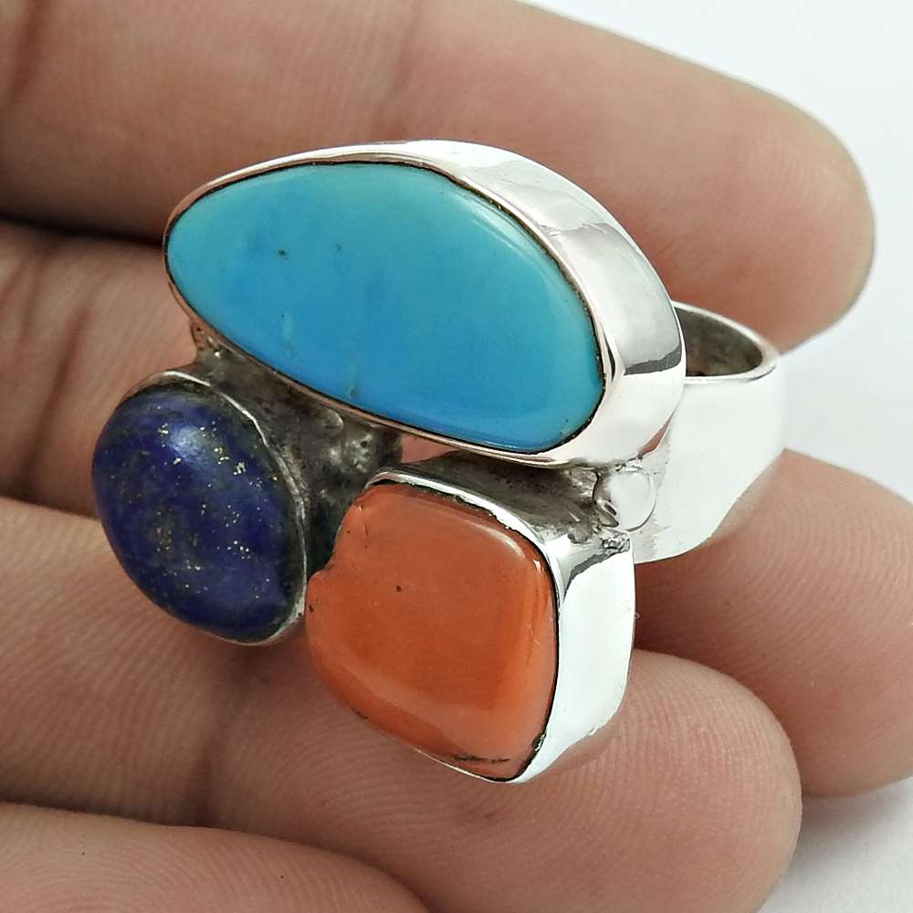 Natural Turquoise Gemstone Cocktail Tribal Ring Size 6 925 Silver For Girls I72