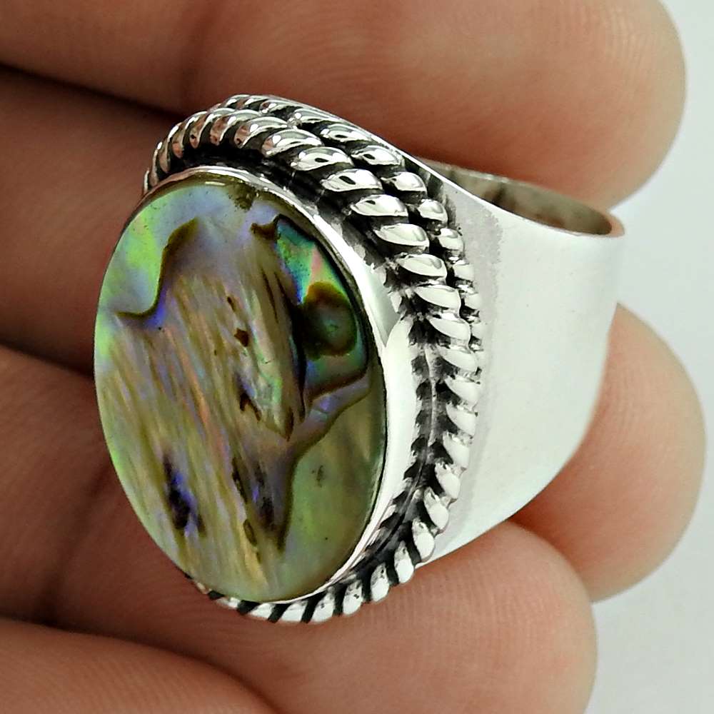 Mothers Day Gift Solitaire Boho Ring Size 8 925 Silver Natural Abalone Shell Z2