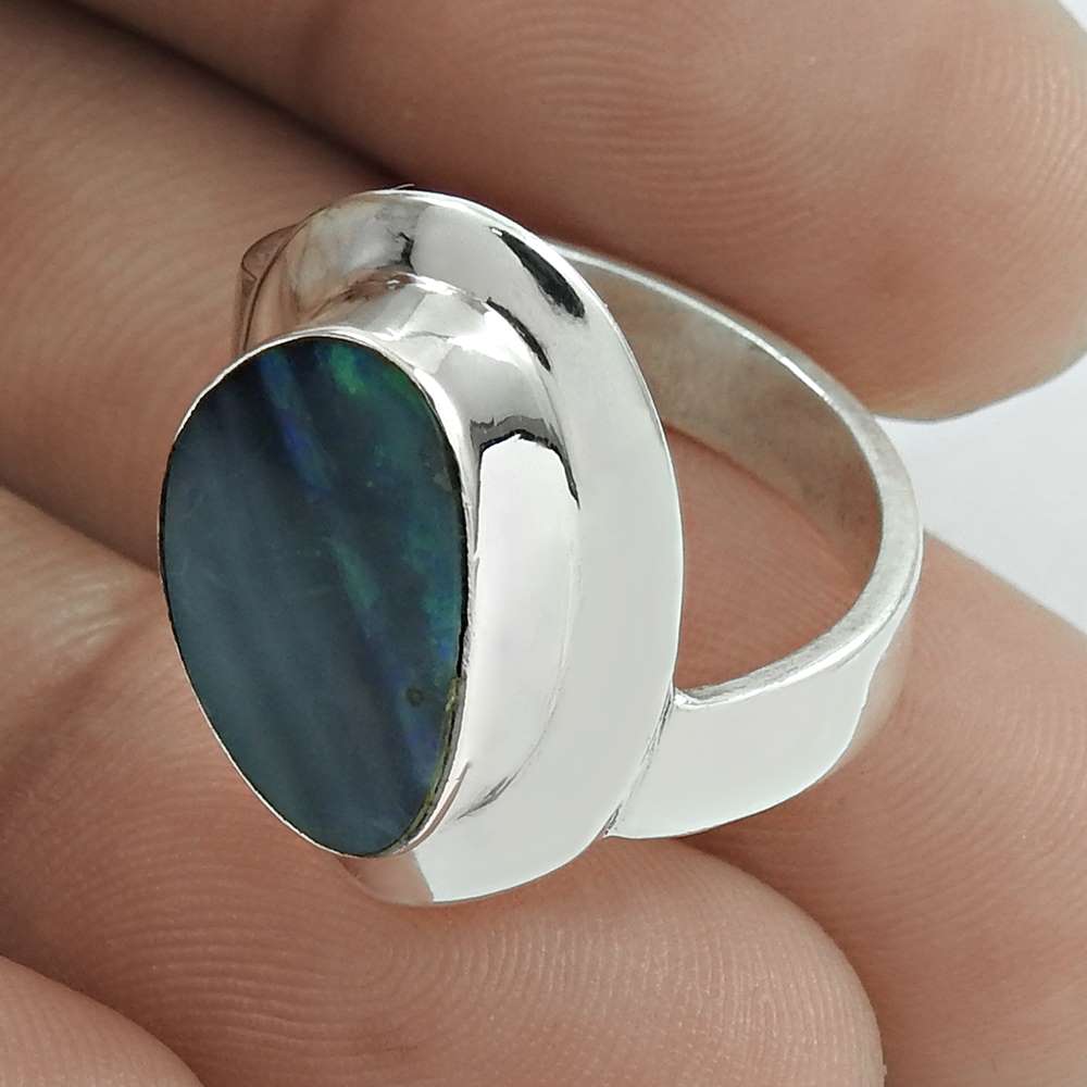 Mothers Day Gift Opal Gemstone Blue Ring Size 7 925 Sterling Silver Jewelry I14