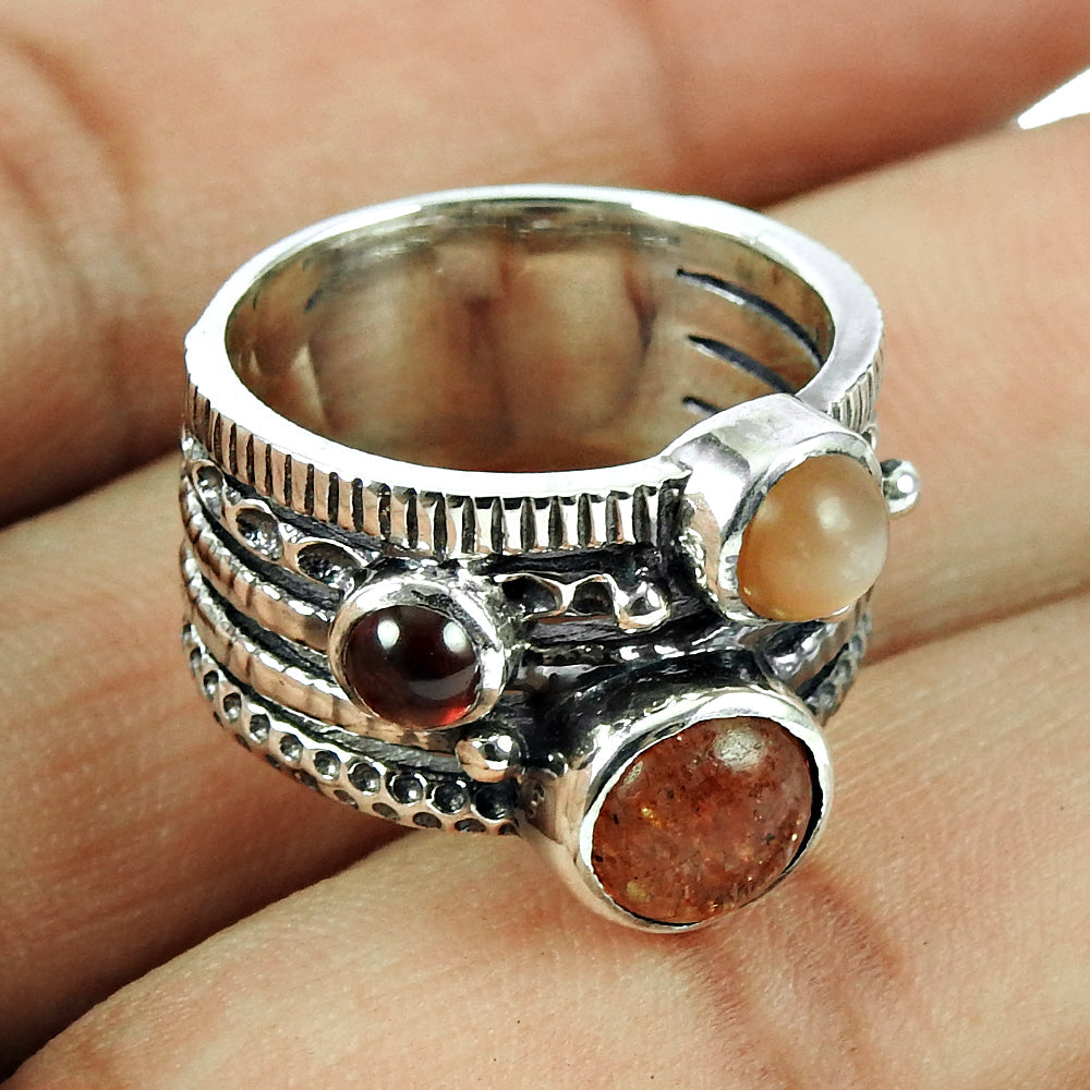 Wedding Band Garnet Moonstone Sunstone 925 Sterling Silver Ring