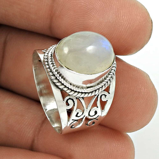 101 Natural Rainbow Moonstone Gemstone Band Ring 925 Silver For Girls O7