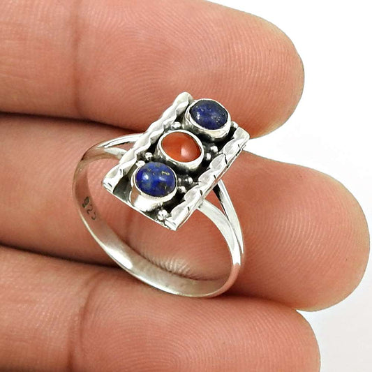 101 Gift For Her 925 Sterling Silver Natural Coral Lapis Lazuli Gemstone Ring