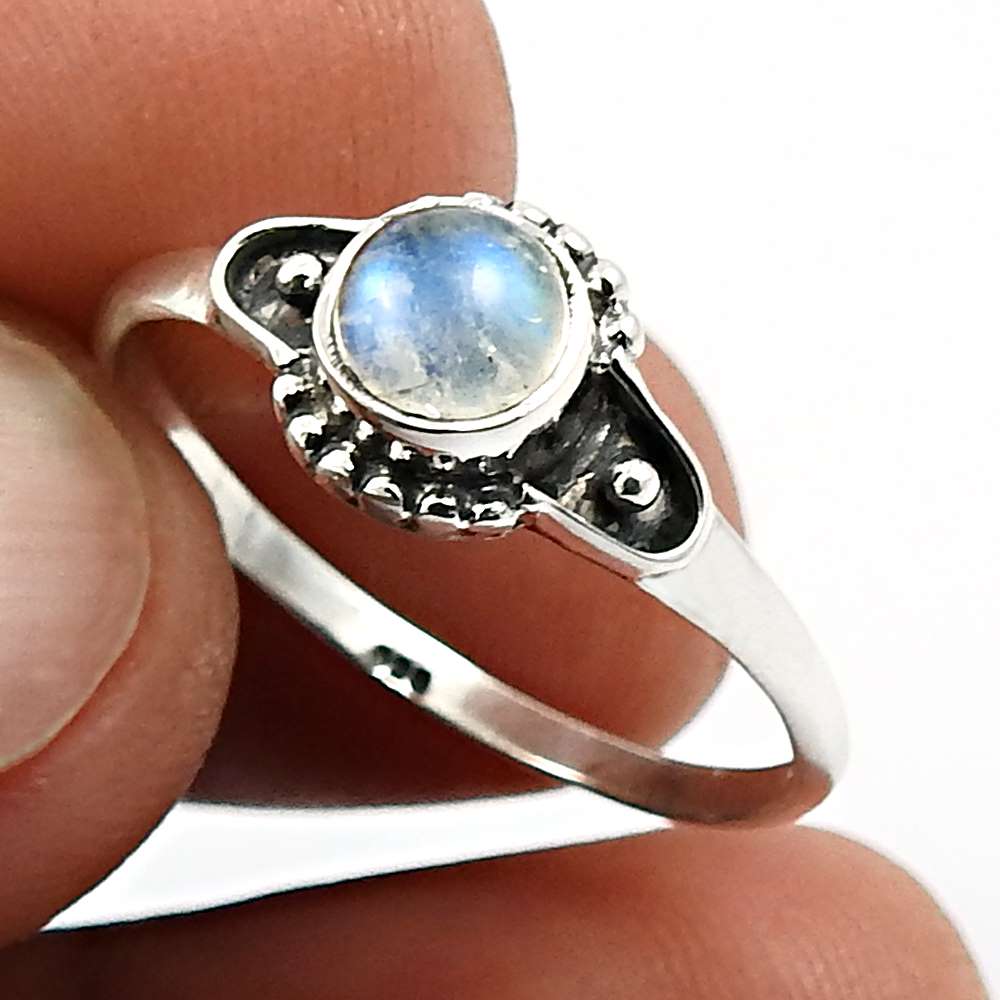 101 Sterling Silver Natural Rainbow Moonstone Ethnic Solitaire Promise Ring
