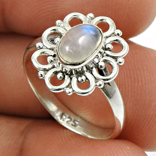 101 Natural Rainbow Moonstone Cocktail Tribal White Ring 925 Silver U25
