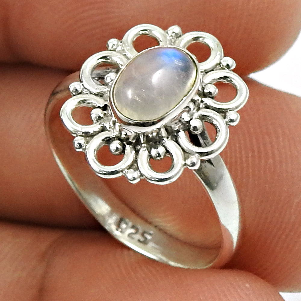 Natural Rainbow Moonstone Cocktail Tribal White Ring 925 Silver U25