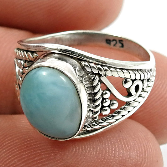 101 Sterling silver natural larimar vintage bezel statement birthday ring