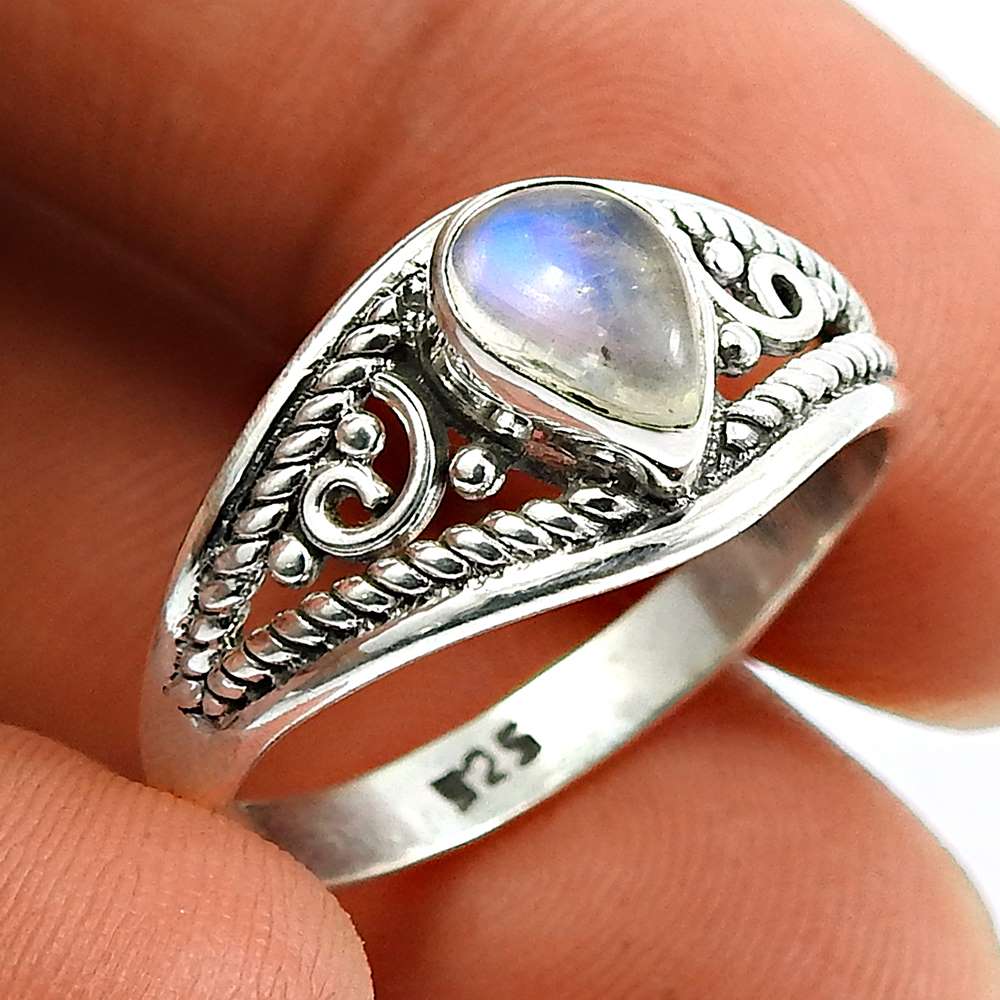 Rainbow Moonstone Gemstone Ring 925 Sterling Silver Tribal Jewelry R59