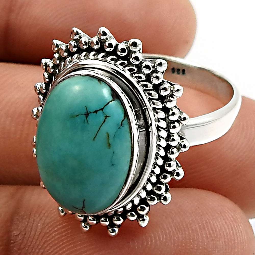 Oval Shape Turquoise Gemstone Jewelry 925 Fine Sterling Silver Ring Size 6 F23