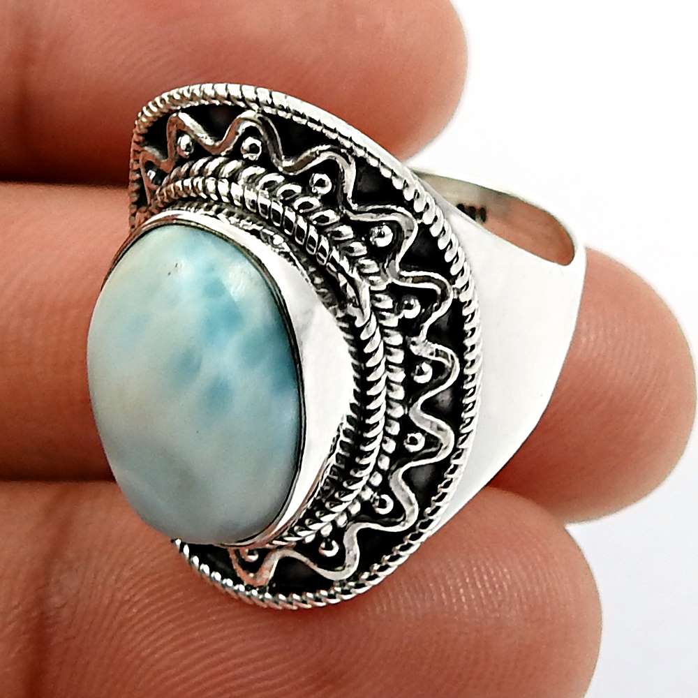 Oval Shape Larimar Gemstone HANDMADE Jewelry 925 Sterling Silver Ring Size 8 W24
