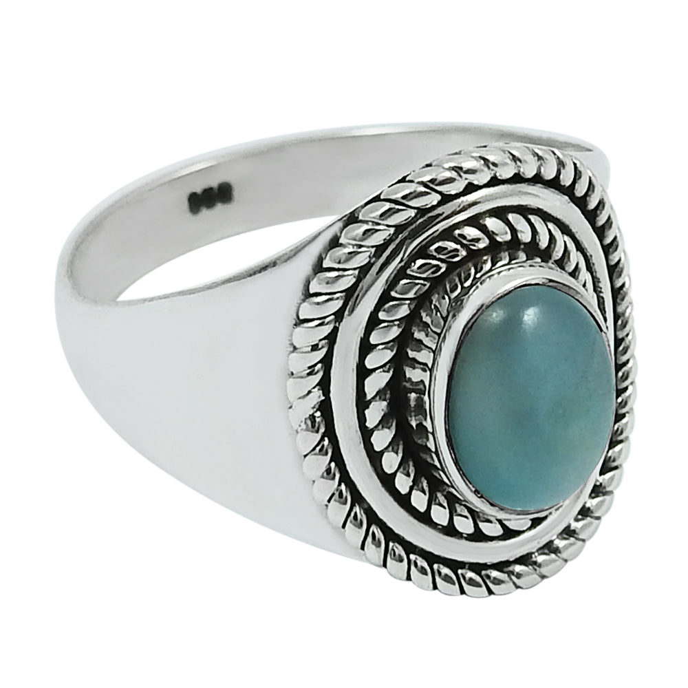 Oval natural larimar tribal friendship day solitaire ring sterling silver