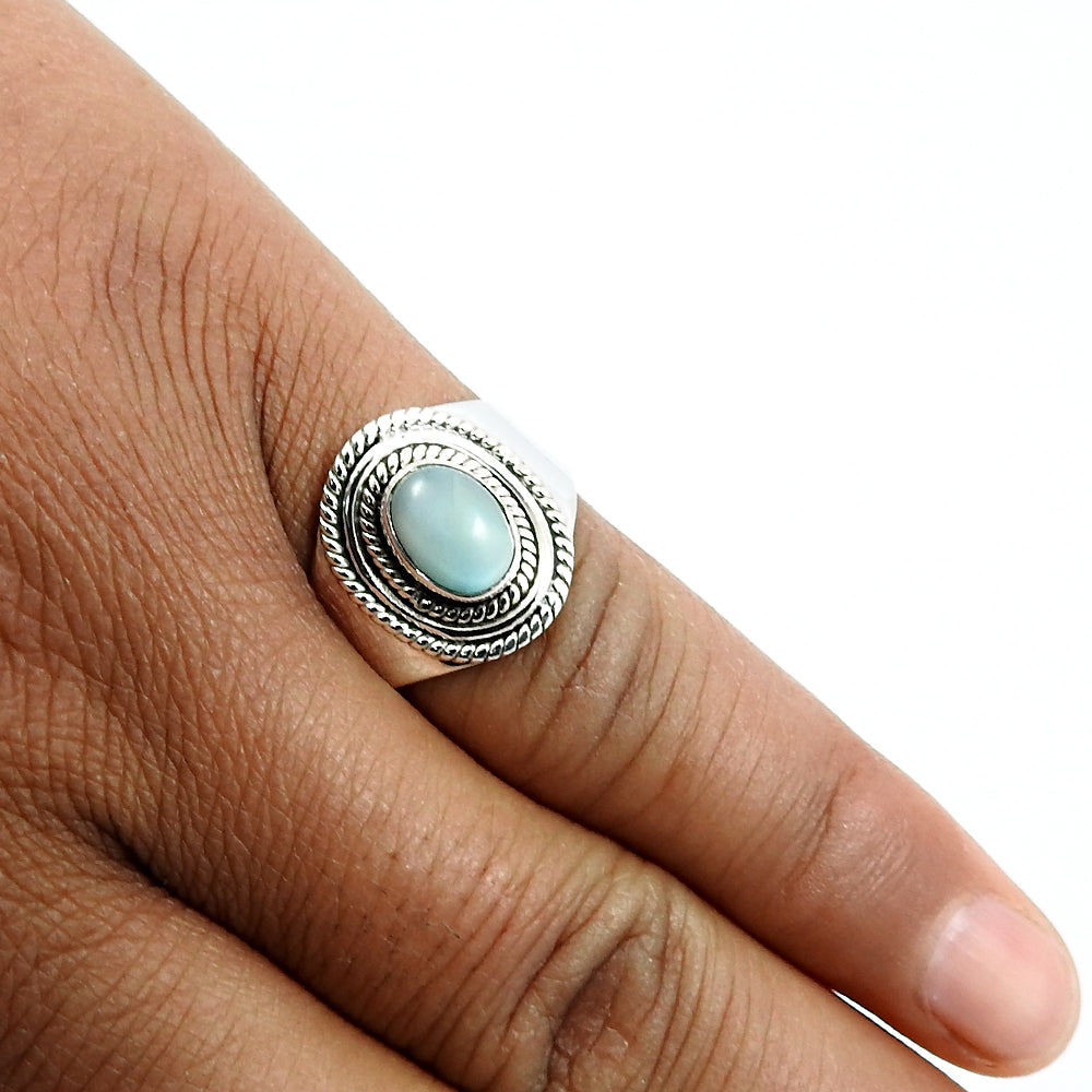 Oval natural larimar tribal friendship day solitaire ring sterling silver