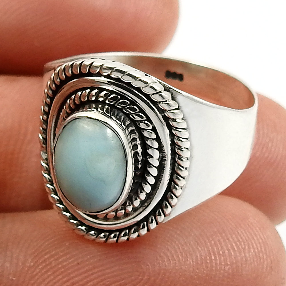 Oval natural larimar tribal friendship day solitaire ring sterling silver