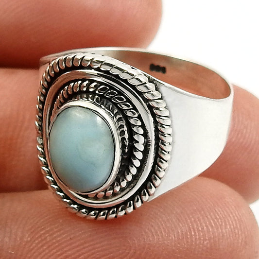101 Oval natural larimar tribal friendship day solitaire ring sterling silver