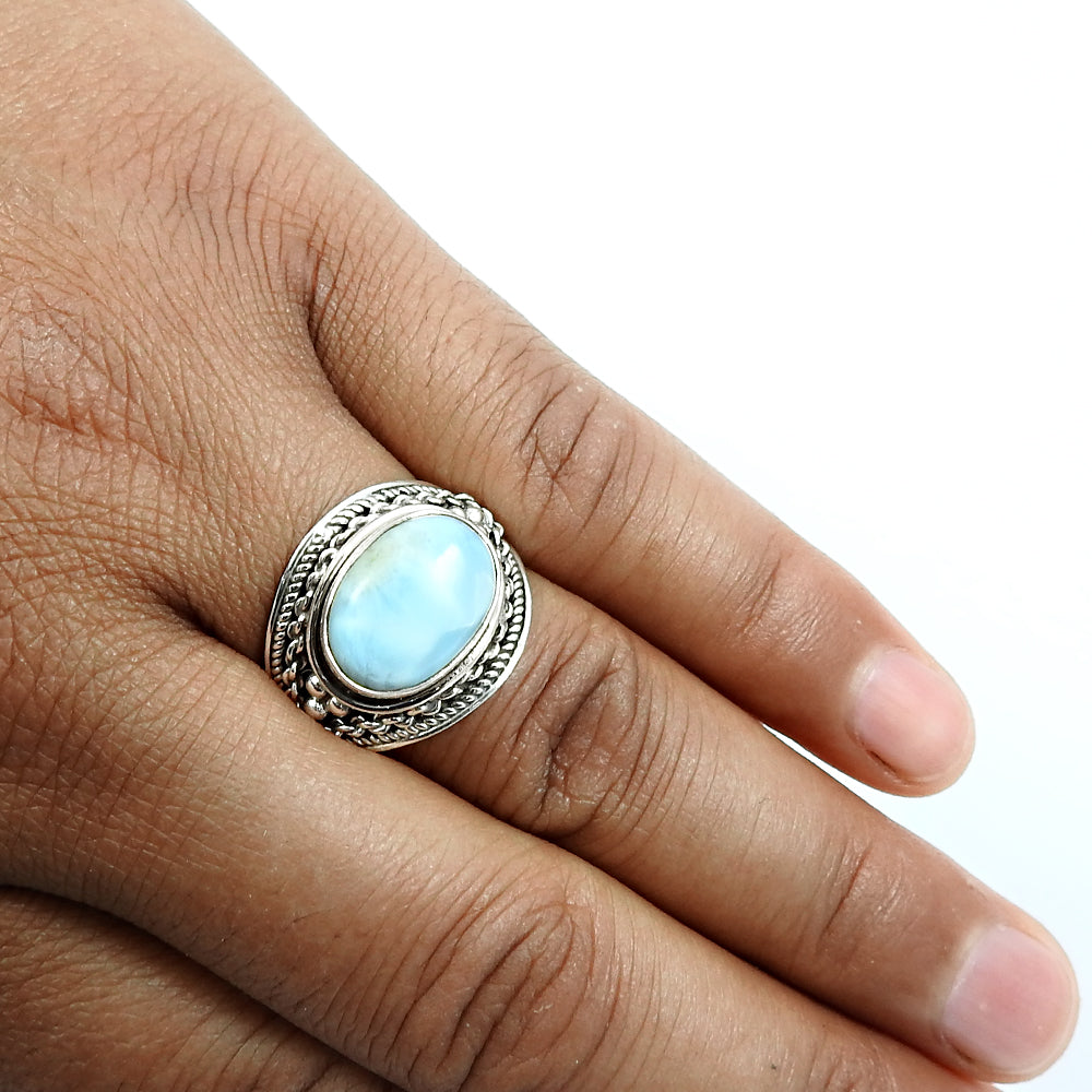 Sterling silver oval larimar gemstone new solitaire statement bohemian ring us 9