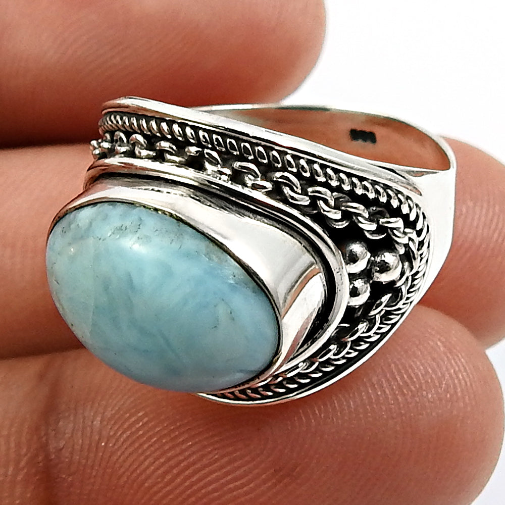 Sterling silver oval larimar gemstone new solitaire statement bohemian ring us 9