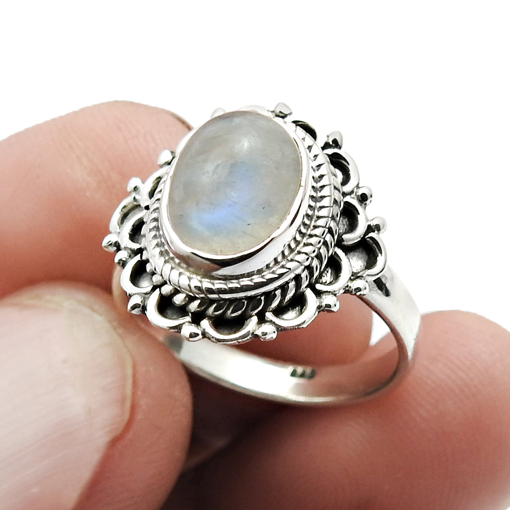 101 Natural rainbow moonstone 925 silver cocktail vintage ring for women h14