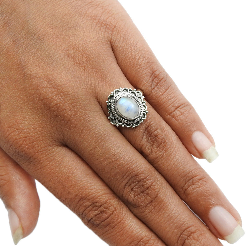 101 Natural rainbow moonstone 925 silver cocktail vintage ring for women h14