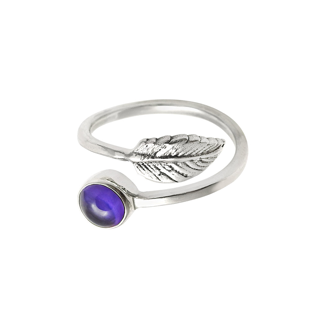 Gift for woman natural amethyst cocktail leaf adjustable ring 925 silver f17