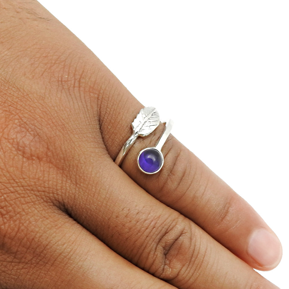 Gift for woman natural amethyst cocktail leaf adjustable ring 925 silver f17