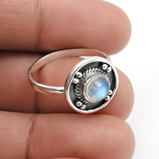 Round Rainbow Moonstone Stone Unique Band Ethnic Ring Solid Sterling Silver