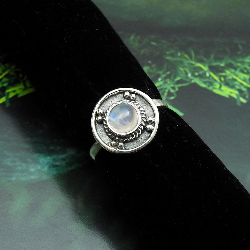 Round Rainbow Moonstone Stone Unique Band Ethnic Ring Solid Sterling Silver