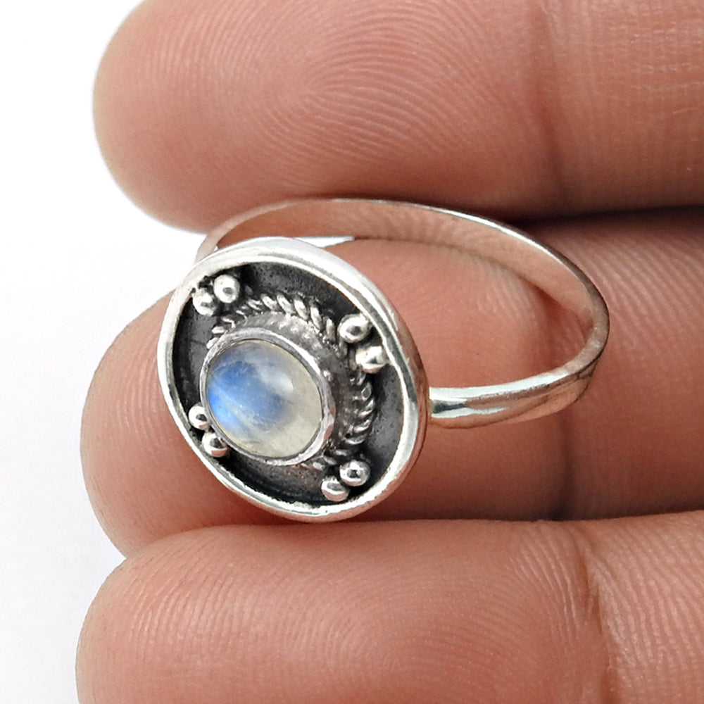 Round Rainbow Moonstone Stone Unique Band Ethnic Ring Solid Sterling Silver