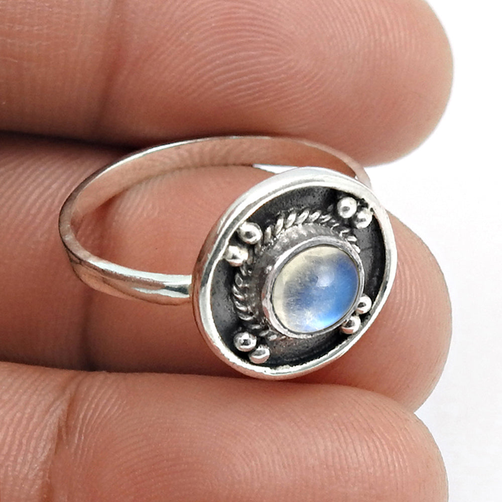 Round Rainbow Moonstone Stone Unique Band Ethnic Ring Solid Sterling Silver