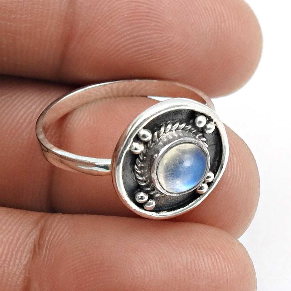 Round Rainbow Moonstone Stone Unique Band Ethnic Ring Solid Sterling Silver