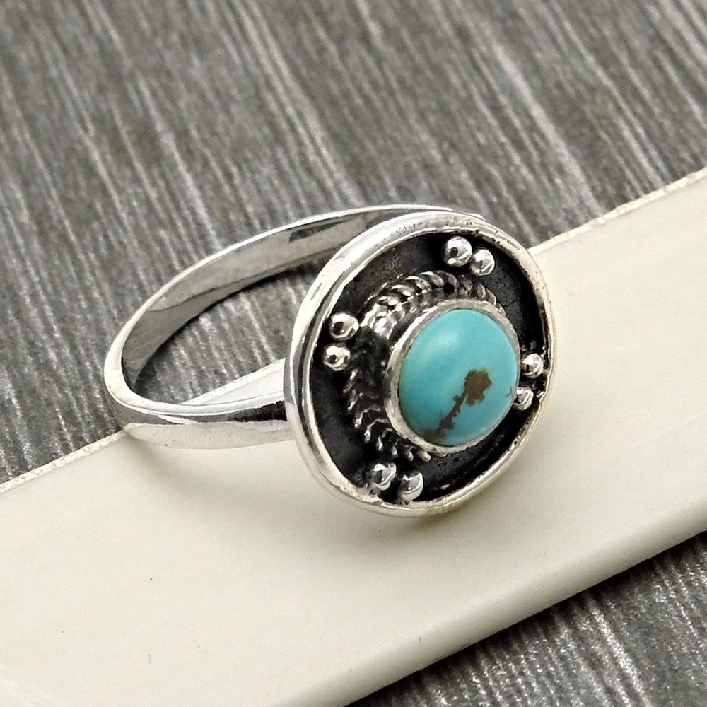 Round Natural Turquoise 925 Solid Silver Bezel Handcrafted Band Anniversary Ring