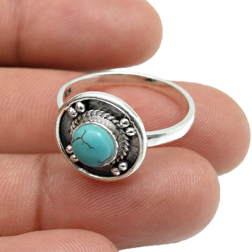 Round Natural Turquoise 925 Solid Silver Bezel Handcrafted Band Anniversary Ring