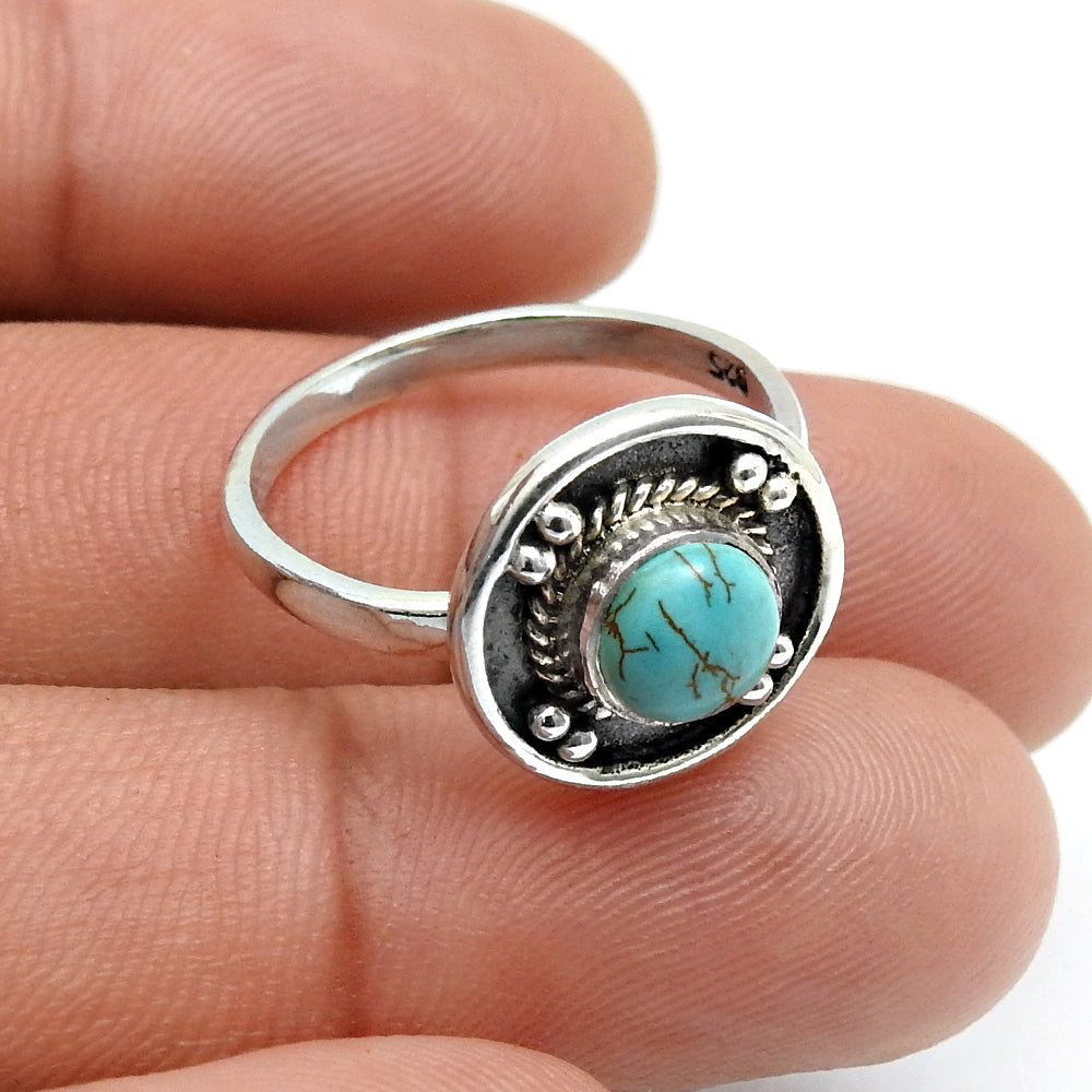 Round Natural Turquoise 925 Solid Silver Bezel Handcrafted Band Anniversary Ring