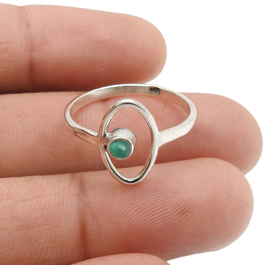 Round Natural Green Onyx Solid Sterling Silver Band Promise Evil Eye Ring