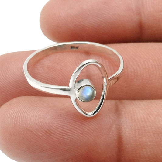 Round Rainbow Moonstone Gemstone Evil Eye Band Ring Solid Sterling Silver