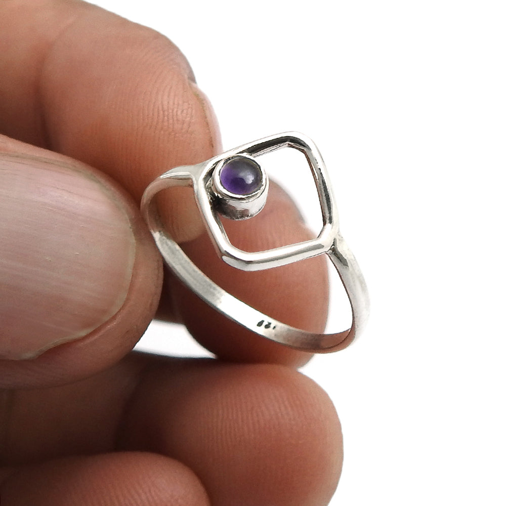 Round Natural Amethyst 925 Silver February Handcrafted Wife Band Bezel Ring