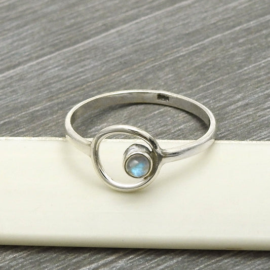 Round Natural Labradorite 925 Silver Mother Birthday Band Engagement Ring