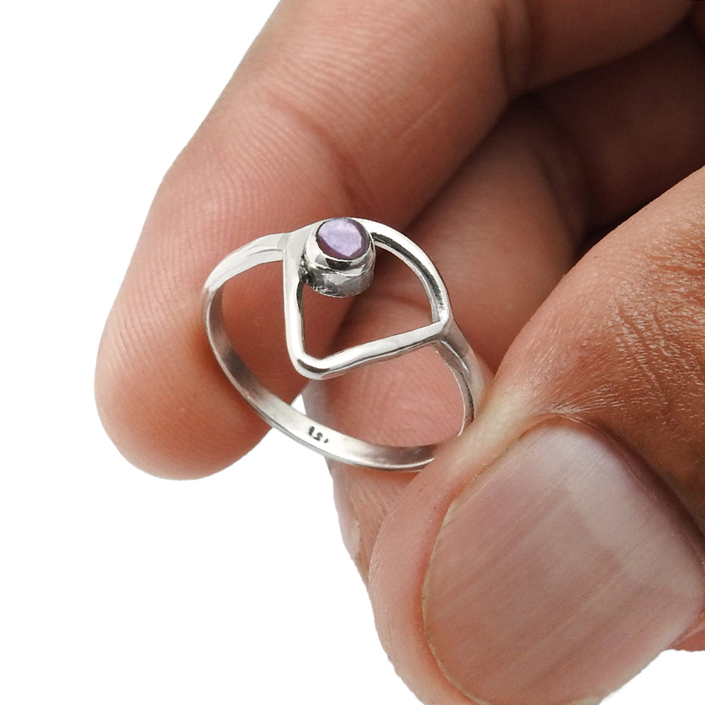 Crown Chakra Amethyst Gemstone 925 Sterling Silver Triangle Band Bezel Ring