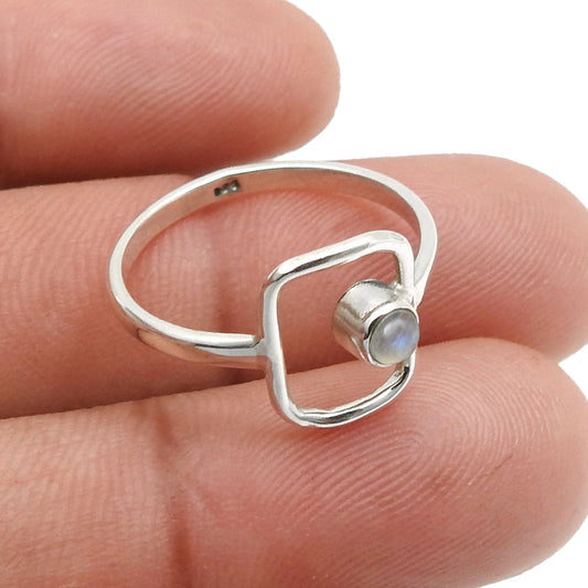 Natural Rainbow Moonstone Boho Band Art Deco Ring Solid Sterling Silver