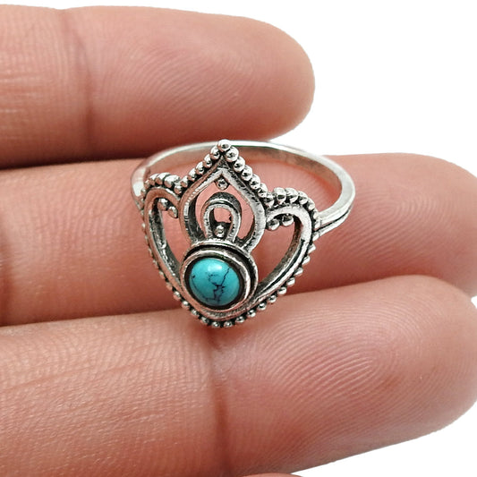 Natural Turquoise Band Anniversary Unique Crown Bezel Ring 925 Silver