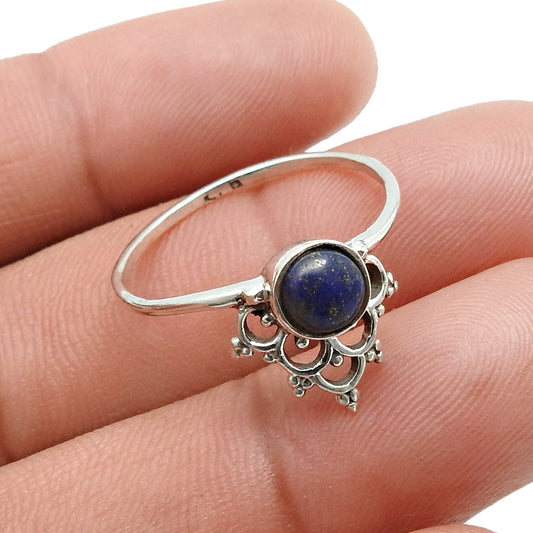 Round Throat Chakra Lapis Lazuli Gemstone Crown Wife Band Ring 925 Silver