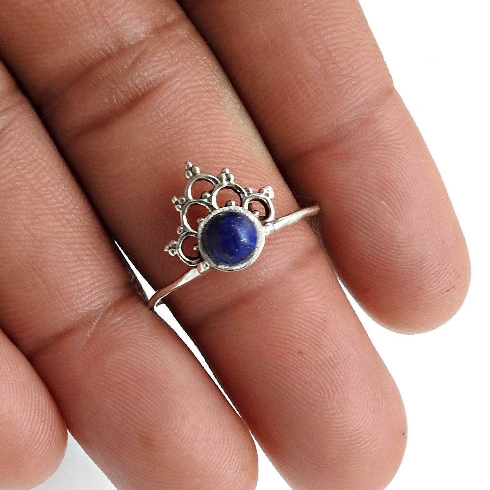 Round Throat Chakra Lapis Lazuli Gemstone Crown Wife Band Ring 925 Silver