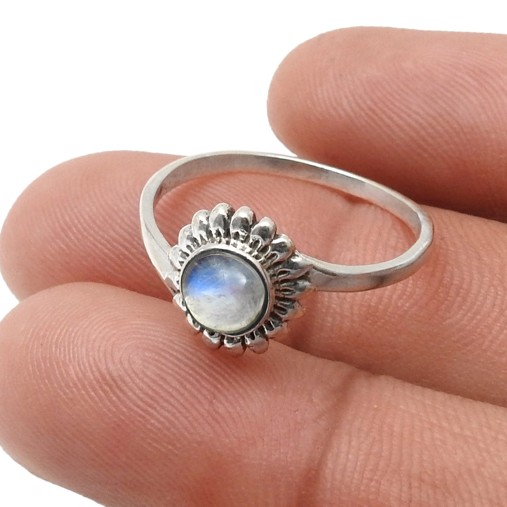 Round Natural Rainbow Moonstone Band Flower Boho Ring Solid Sterling Silver