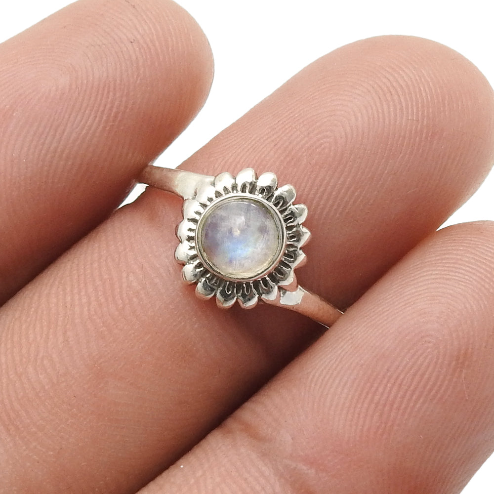 Round Natural Rainbow Moonstone Band Flower Boho Ring Solid Sterling Silver