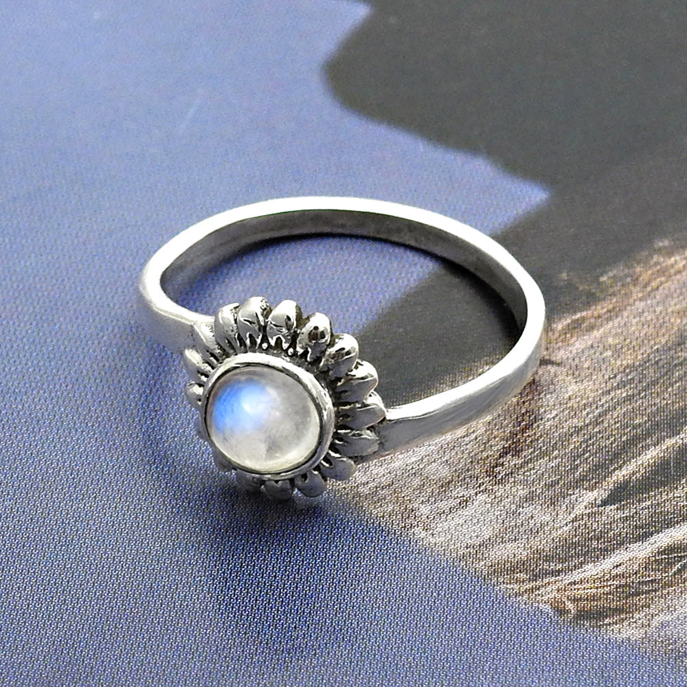 Round Natural Rainbow Moonstone Band Flower Boho Ring Solid Sterling Silver