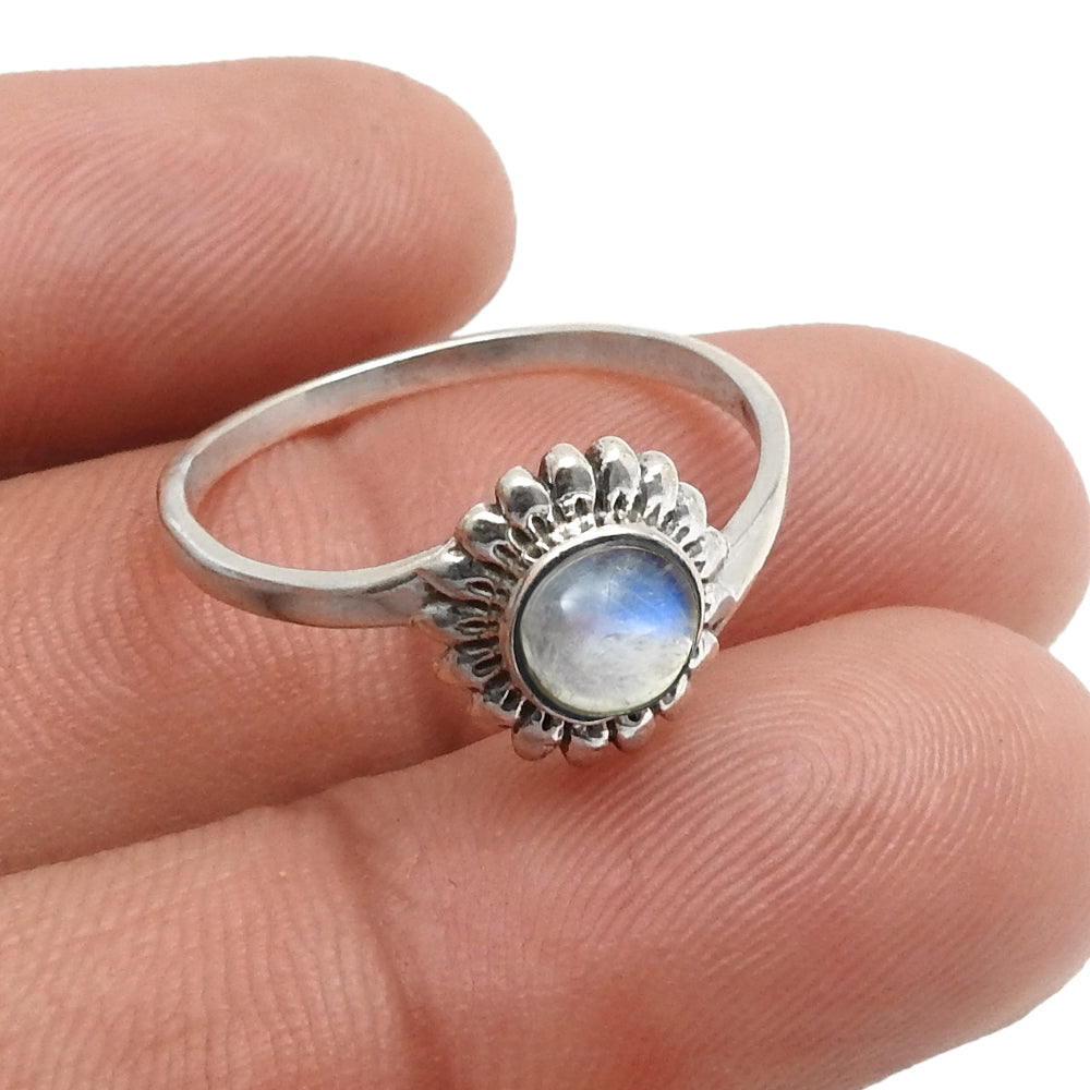 Round Natural Rainbow Moonstone Band Flower Boho Ring Solid Sterling Silver