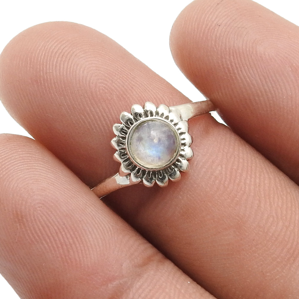 Round Natural Rainbow Moonstone Band Flower Boho Ring Solid Sterling Silver