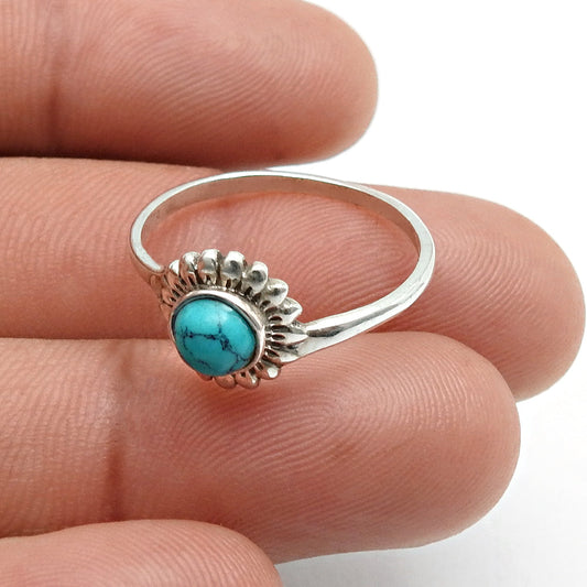 Round Turquoise Stone Solid Sterling Silver Bezel Band Wife Flower Ring