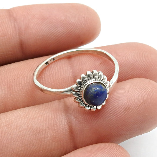Round Natural Lapis Lazuli 925 Solid Silver Flower Bezel Ethnic Band Ring