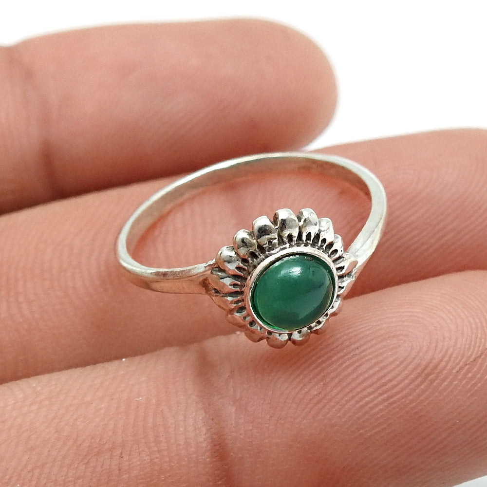 Round Natural Green Onyx Flower Elegant Band Wedding Ring 925 Solid Silver