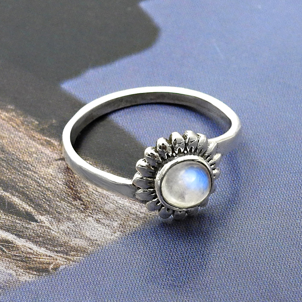 Round Natural Rainbow Moonstone Band Flower Boho Ring Solid Sterling Silver