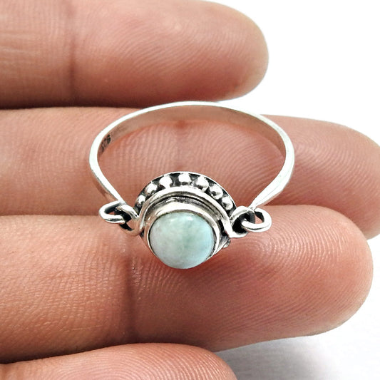 Sterling Silver Round Natural Larimar Cocktail Throat Chakra Boho New Ring